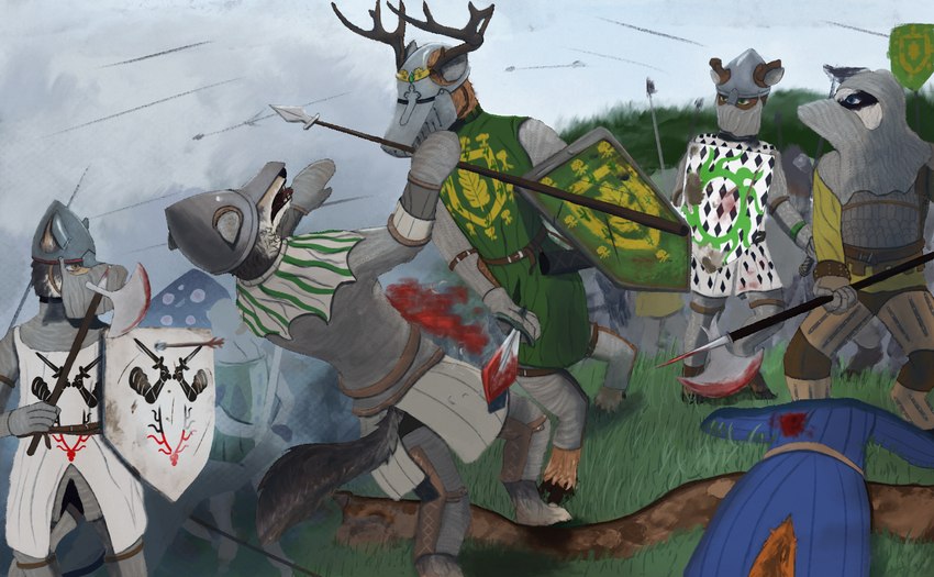 2_horns anthro armor arrow_(weapon) axe blood blood_on_weapon blood_splatter blue_clothing blue_eyes bodily_fluids brown_body brown_fur chainmail clothing cloud coat_of_arms corpse day death falling fantasy fighting_pose flag fluffy fluffy_tail fur grass green_clothing green_eyes green_flag group headgear helmet heraldry hill holding_melee_weapon holding_object holding_shield holding_sword holding_weapon hooves horn king knight lying male medieval medieval_armor medieval_clothing medieval_shield melee_weapon on_front on_ground open_mouth outside plant polearm pose pupils ranged_weapon royalty sharp_teeth shield sky spear standing sword tail teeth tongue tree warrior weapon white_sclera yellow_eyes leprzil badger canid canine canis cervine deer mammal mustelid musteline wolf 2023 digital_media_(artwork) hi_res