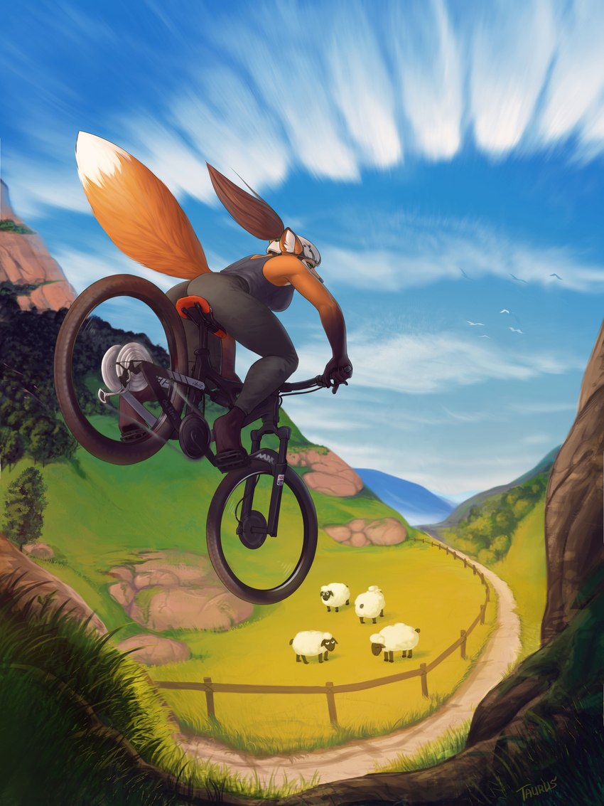 4_toes 5_fingers anthro bicycle breasts brown_hair clothed clothing day detailed_background feet female fingers fluffy fluffy_tail fur group hair low-angle_view mountain_bike orange_body orange_fur outside plant sky snout tail toes tree vehicle taurusart bovid canid canine caprine fox mammal sheep 3:4 hi_res