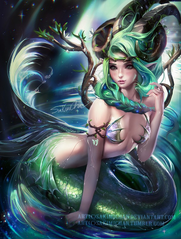 anthro art_nouveau astrological_symbol branch breasts capricorn_(symbol) circlet female green_eyes green_hair hair horn humanoid_pointy_ears leaf naturally_censored personification pointy_ears solo split_form symbol water western_zodiac_symbol sakimichan western_zodiac capricorn_(zodiac) marine merfolk sea_goat hi_res