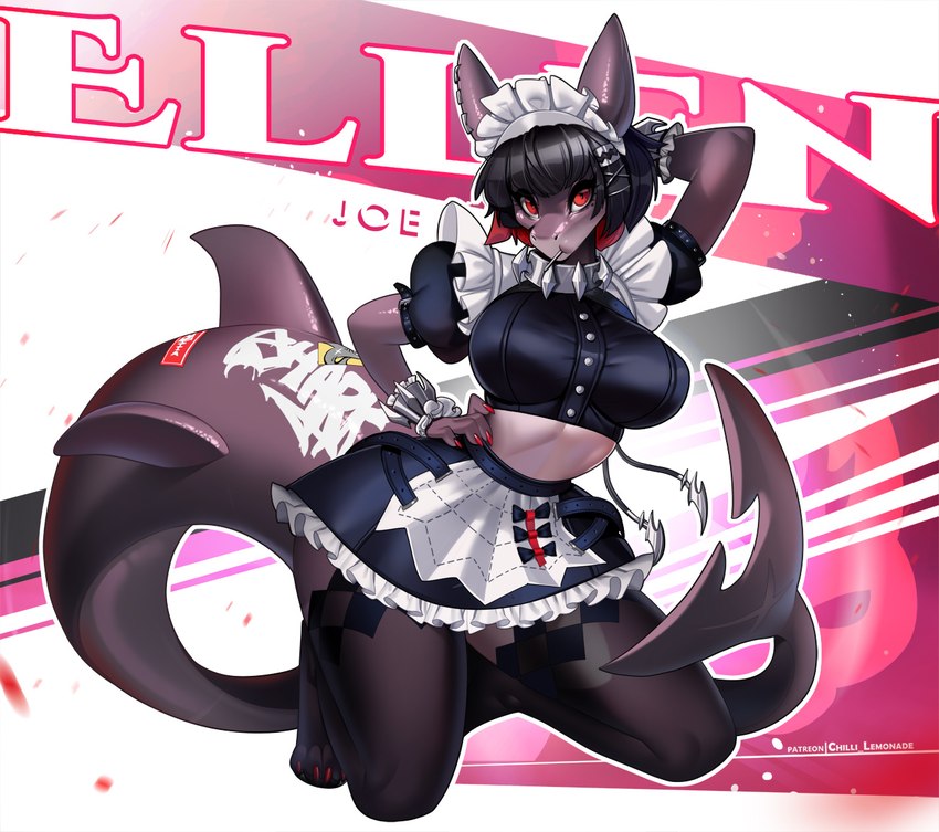 alternate_species anthro big_breasts black_clothing black_hair black_legwear black_stockings black_thigh_highs bottomwear breasts clothed clothed_anthro clothed_female clothing colored_nails ear_piercing female fin fingernails grey_body hair highlights_(coloring) kneeling legwear lollipop_in_mouth looking_at_viewer maid_headdress maid_uniform multicolored_hair nails piercing red_eyes red_fingernails red_highlights red_nails skirt solo stockings tail tail_fin thigh_highs two_tone_hair uniform aomori mihoyo zenless_zone_zero ellen_joe_(zzz) fish marine shark 2024