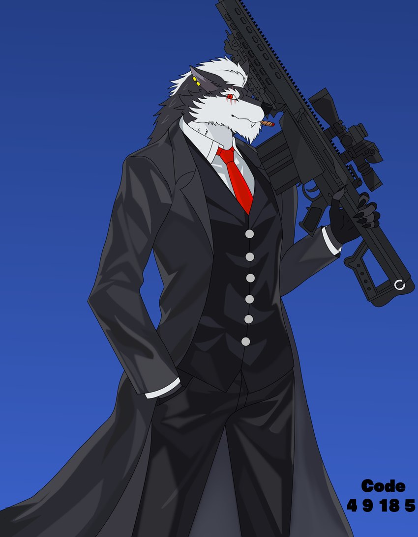 5_fingers anthro barrett_m82a1 black_clothing black_coat black_nose black_suit black_topwear blue_background cigar cigar_in_mouth clothed clothing coat ear_piercing eye_scar facial_scar fingers front_view fully_clothed fur grey_body grey_fur gun hand_in_pocket male multicolored_body multicolored_fur necktie object_in_mouth piercing pockets ranged_weapon red_eyes red_necktie rifle scar simple_background smoking sniper sniper_rifle snout solo standing suit topwear two_tone_body two_tone_fur weapon white_body white_dress_shirt white_fur direlaxion barrett canid canine canis mammal wolf hi_res portrait three-quarter_portrait