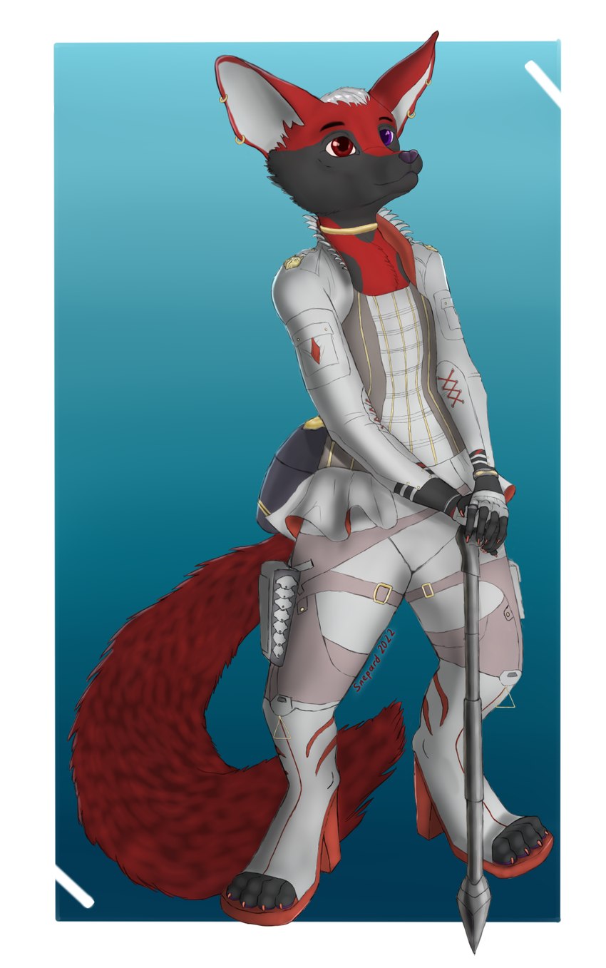 ambiguous_gender anthro bottomwear clothed clothing cosplay crossdressing femboy fluffy fluffy_tail footwear heterochromia high_heels jacket shoes skirt solo tail topwear snepard apex_legends electronic_arts respawn_entertainment loba_andrade canid canine fennec_fox fox mammal true_fox digital_media_(artwork) hi_res