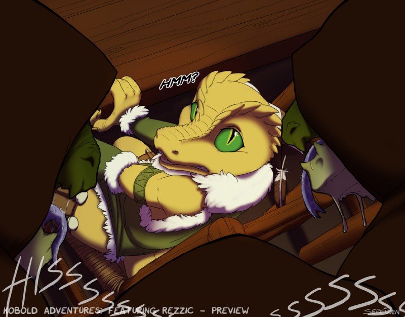 anthro bar bodily_fluids chair cloak clothing dialogue feathers female fur furniture green_eyes group horn imminent_rape kobold_adventures kobold_adventures:_rezzic male saliva sitting size_difference tavern text tongue conditional_dnp sefeiren rezzic kobold lizardman reptile scalie 2013 comic