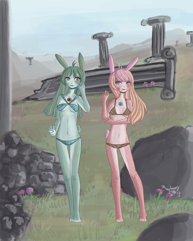 anthro bikini blue_body blue_eyes blue_fur blue_hair bra breasts clothed clothing duo female flower fur gem grass hair long_hair looking_at_viewer navel outside pink_body pink_fur pink_hair plant red_eyes rock skimpy sky smile swimwear two-piece_swimsuit underwear white_body white_fur raptor007 mint_(raptor007) peach_(raptor007) lagomorph leporid mammal rabbit 2012 4:5 digital_media_(artwork) hi_res