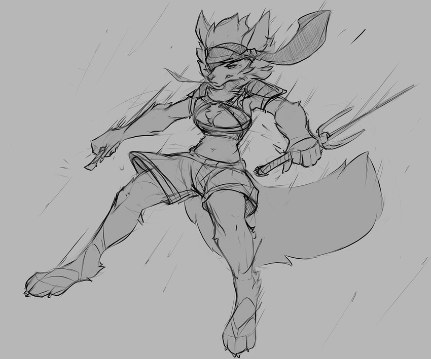 4_toes anthro biped bottomwear breasts chest_tuft claws clothed clothing falling feet female fingers grey_background hair holding_object holding_weapon melee_weapon paws sai shorts shoulder_pads simple_background solo toe_claws toes tuft weapon watsup canid canine canis mammal wolf 2020 digital_drawing_(artwork) digital_media_(artwork) greyscale monochrome