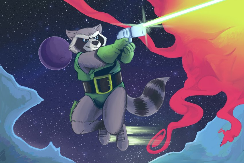 anthro arm_tuft belt belt_buckle blaster blue_eyes bodysuit boots buckle clothing elbow_tuft explosion footwear fur gloves grimace handwear holster laser leotard male rocket_boots shoes skinsuit solo space star teeth_showing tight_clothing tuft waist_belt spectral-bat guardians_of_the_galaxy marvel rocket_raccoon mammal procyonid raccoon 3:2 digital_drawing_(artwork) digital_media_(artwork) hi_res