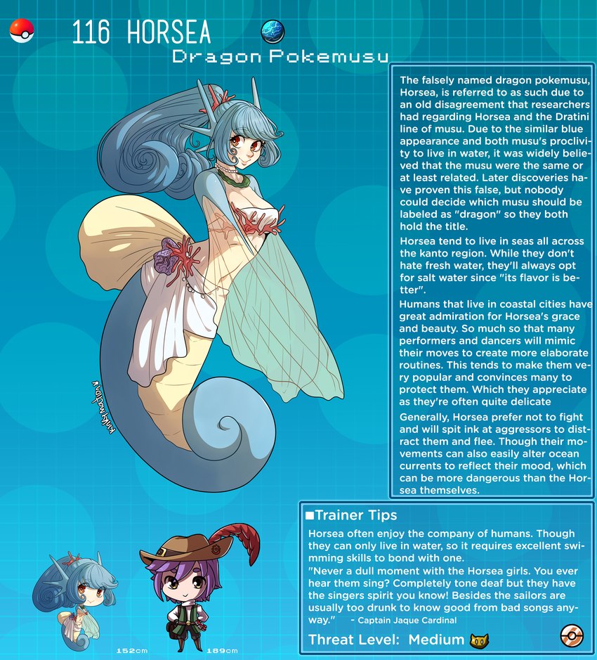 arm_fin breasts chibi curled_tail female fin hair horn male navel pokemorph ponytail tail tail_fin text kinkymation nintendo pokemon equid fish generation_1_pokemon horsea humanoid mammal marine pokemon_(species) seahorse syngnathid syngnathiform english_text hi_res