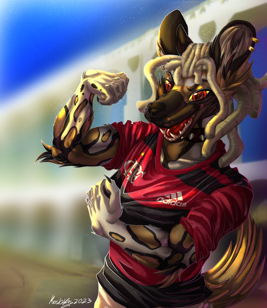 anthro biceps claws clothing dreadlocks flexing fur inner_ear_fluff male male_anthro markings multicolored_body multicolored_fur muscular muscular_male red_eyes soccer_jersey soccer_uniform solo sportswear spots spotted_markings teeth tuft uniform yellow_sclera laylasharko flamengo fan_character african_wild_dog canid canine mammal absurd_res hi_res