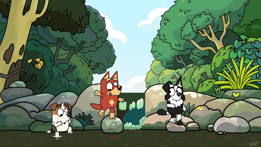 anthro detailed_background female group male nature nature_background young zankandreas bluey_(series) jack_russell_(bluey) mackenzie_border_collie rusty_(bluey) canid canine canis domestic_dog mammal 16:9 hi_res widescreen