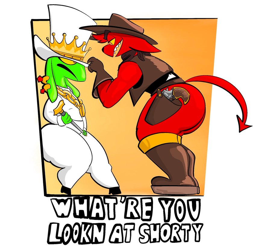 anthro boots clothing cowboy_hat duo footwear green_body hat headgear headwear humor leotard male red_eyes shoes suit text top_hat yellow_sclera nastyfr kings_of_hell gremile_'hotshot' mammon_(kings_of_hell) demon goblin imp english_text hi_res