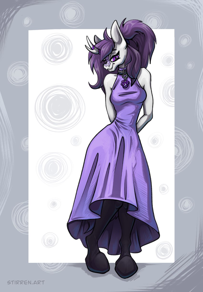 abstract_background anthro clothed clothing collar dress female footwear hands_behind_back knock-kneed legwear long_dress looking_down pose smile socks solo stockings stirren mythology weel'kha_(sixeyedfox) dragon kirin mythological_creature mythological_scalie scalie hi_res pinup