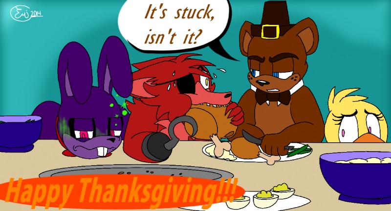 anthro bow_(feature) bow_tie brown_text caption_box clothing dialogue eating eye_patch eyewear female food group hat headgear headwear holidays hook ill machine male meat orange_text question red_text_box speech_bubble text text_box turkey_meat emmonsta five_nights_at_freddy's scottgames thanksgiving bonnie_(fnaf) chica_(fnaf) foxy_(fnaf) freddy_(fnaf) animatronic avian bear bird canid canine chicken fox galliform gallus_(genus) lagomorph leporid mammal phasianid rabbit robot 2014 english_text