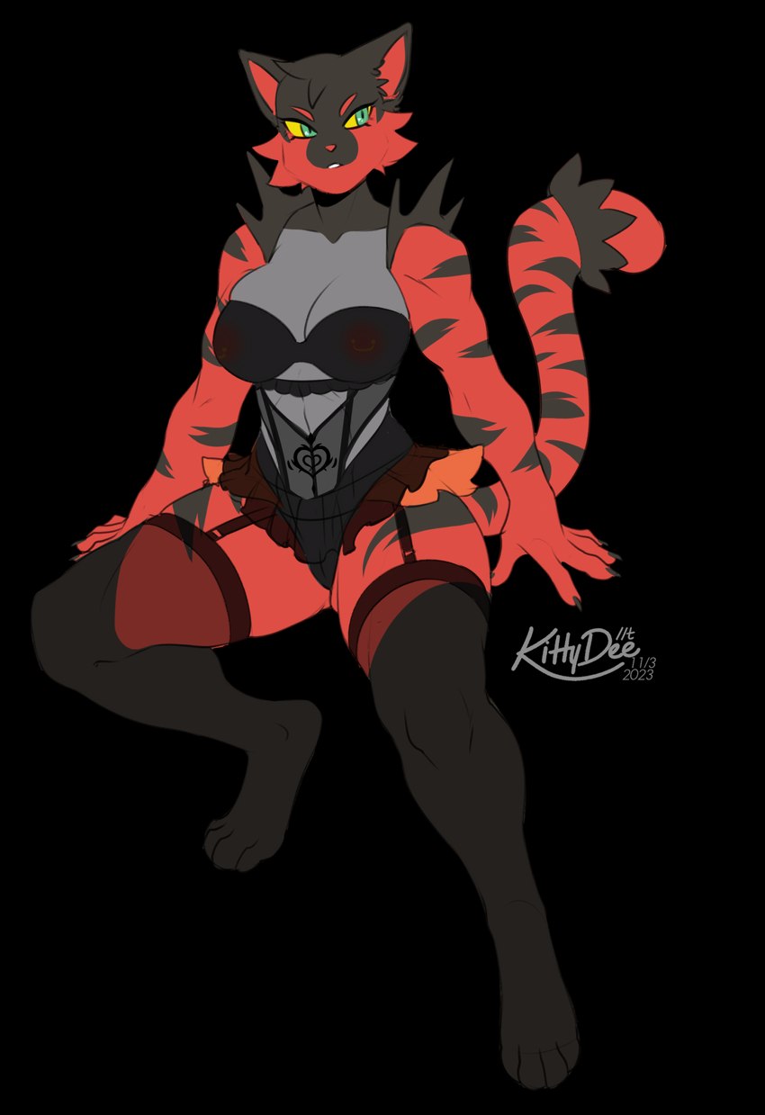 anthro black_body black_fur camel_toe clothing female fur green_eyes legwear lingerie muscular nipple_piercing nipples panties piercing red_body red_fur solo stockings underwear womb_tattoo kittydee nintendo pokemon maria_garcia generation_7_pokemon incineroar pokemon_(species) 2023 alpha_channel hi_res