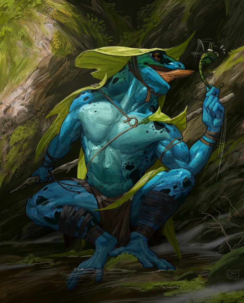 abs barefoot biceps bottomwear clothing detailed_background feet forest holding_another leaf leaf_clothing loincloth male melee_weapon muscular muscular_male pecs plant polearm shirtless solo spear tongue tongue_out tree water weapon jerome_jacinto amphibian frog humanoid poison_dart_frog werecreature werefrog 2021 digital_media_(artwork) hi_res