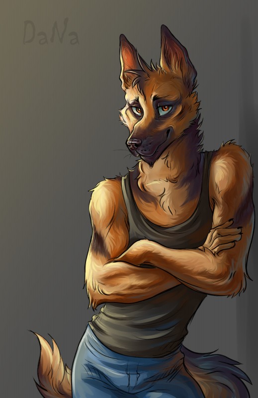 anthro clothed clothing crossed_arms fur male simple_background solo danawolfin vuul canid canine canis domestic_dog german_shepherd herding_dog mammal pastoral_dog absurd_res hi_res