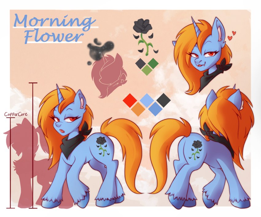 blue_body blue_fur color_swatch cutie_mark female feral fetlocks fur hair heart_symbol hooves horn inner_ear_fluff kerchief looking_at_viewer neckerchief neckwear orange_hair red_eyes solo text tuft unsigned white_inner_ear_fluff spider_bones hasbro my_little_pony mythology fan_character morning_flower equid equine mammal mythological_creature mythological_equine unicorn 2024 6:5 character_name digital_media_(artwork) model_sheet shaded