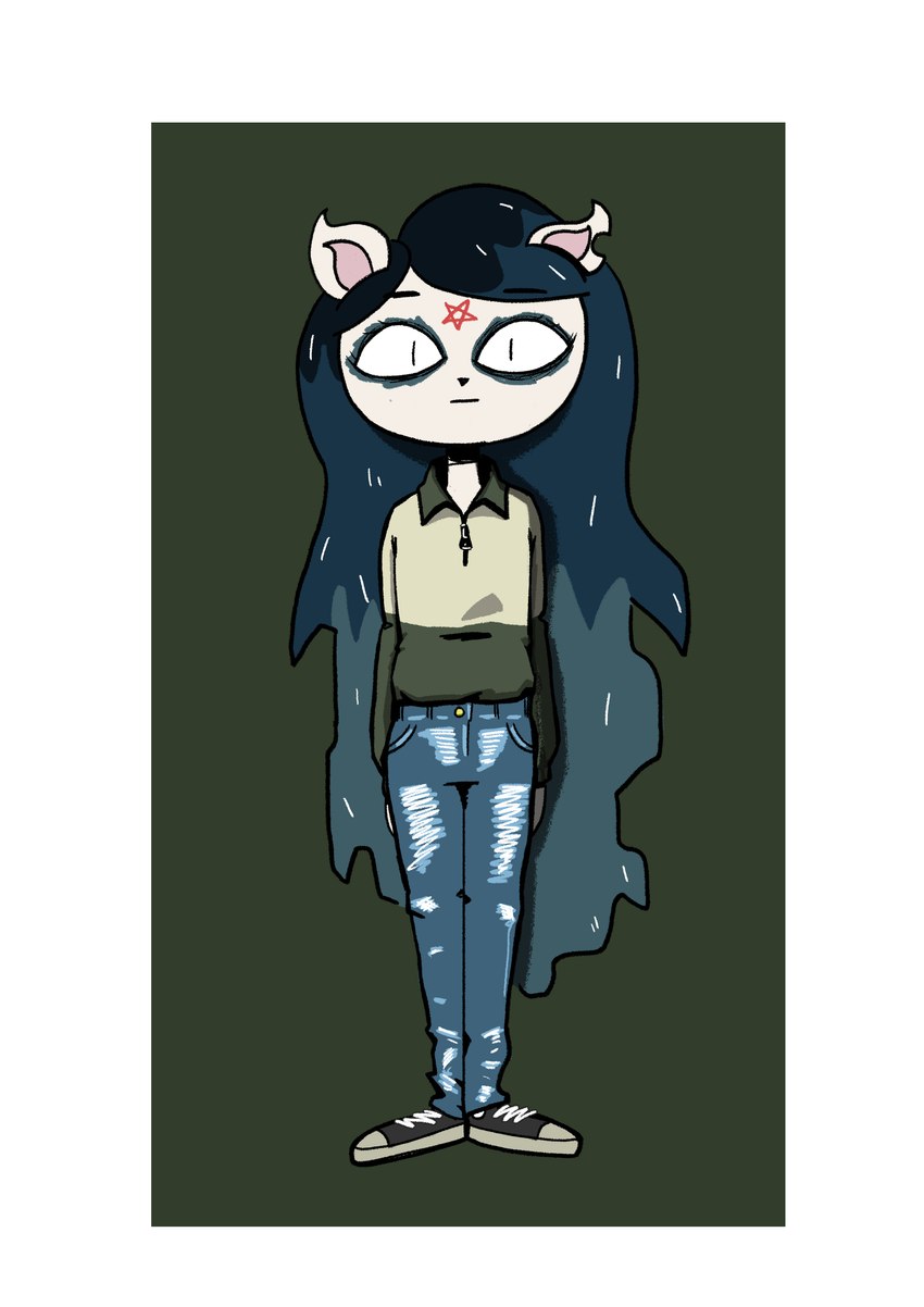 :| anthro blue_hair border bottomwear clothing denim denim_bottomwear denim_clothing eyeshadow footwear gradient_hair hair jeans looking_at_viewer makeup notched_ear pants pupils shoes simple_eyes slit_pupils solo standing star sweater topwear white_body white_border ha-man cartoon_hangover the_summoning claire_(the_summoning) domestic_cat felid feline felis mammal absurd_res hi_res female_(lore)