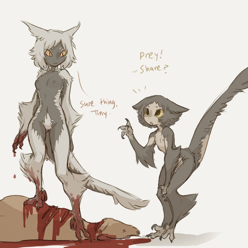 arm_tuft belly_tuft blood bodily_fluids breasts brown_body brown_feathers calf_tuft dark_body dark_skin dialogue duo elbow_tuft feathers feet female gore leaning_over leg_tuft navel nipples nude standing tail talons toes tuft white_body white_feathers white_skin yellow_eyes tateoftot dinosaur dromaeosaurid humanoid prehistoric_species reptile scalie theropod hi_res