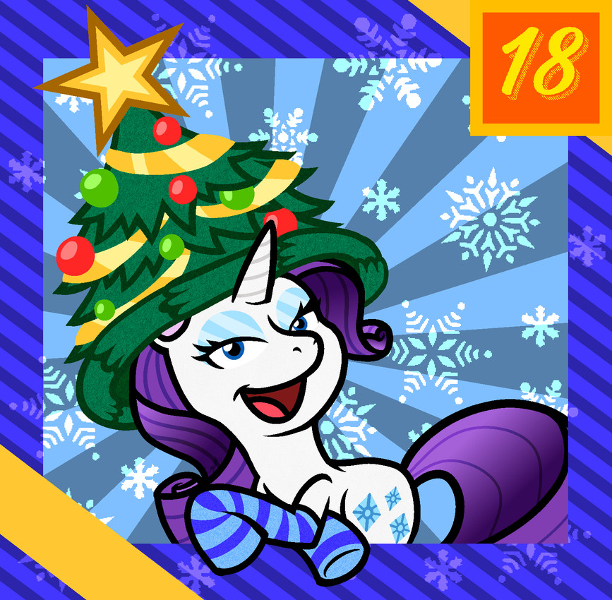 baubles bent_legs blue_background blue_clothing blue_eyelids blue_eyes blue_legwear blue_stockings christmas_clothing christmas_headwear clothing curled_mane cutie_mark female female_feral feral fur green_clothing green_hat green_headwear hat headgear headwear holidays horn legwear light looking_at_viewer mane number open_mouth open_smile pattern_clothing pattern_legwear pattern_stockings pink_tongue purple_inner_ear purple_mane purple_tail simple_background smile smiling_at_viewer snowflake solo stockings striped_clothing striped_legwear striped_stockings stripes tail text_box tongue unicorn_horn white_body white_fur white_horn captainquack64 christmas friendship_is_magic hasbro my_little_pony mythology rarity_(mlp) equid equine mammal mythological_creature mythological_equine unicorn 2023 colored digital_drawing_(artwork) digital_media_(artwork) english_description hi_res lighting shaded soft_shading