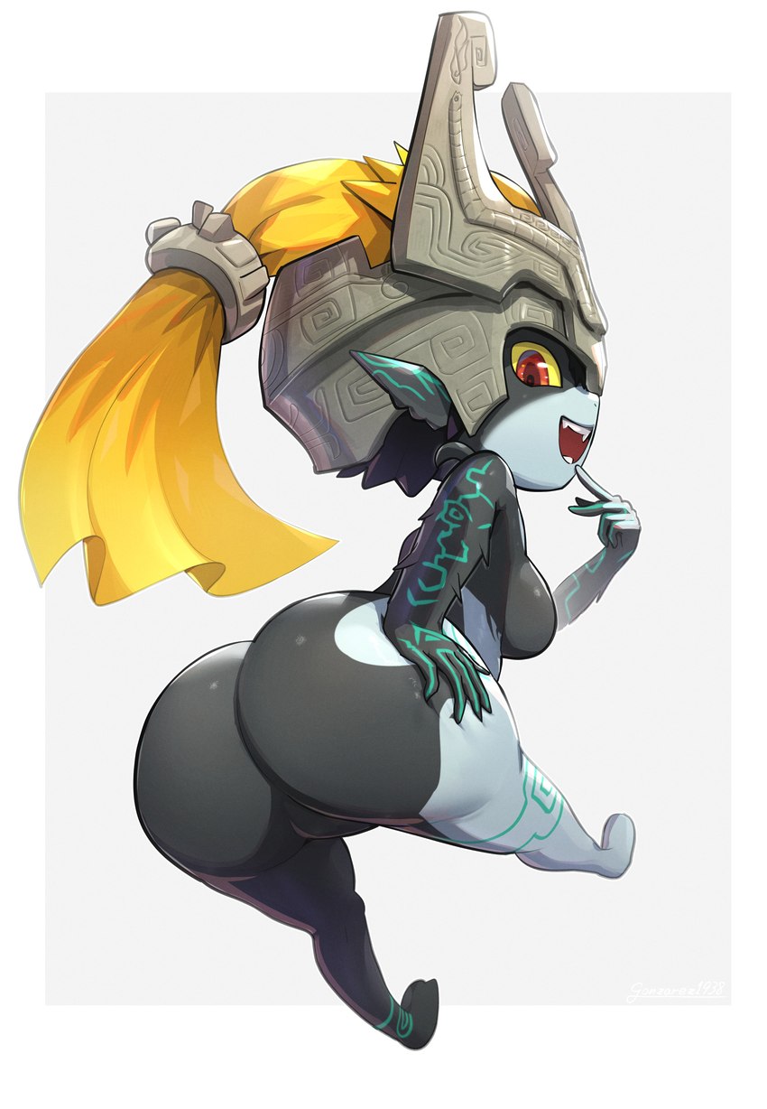 big_butt breasts butt butt_focus clothing featureless_breasts featureless_crotch female fused_shadow hand_on_butt headgear headwear looking_at_viewer looking_back looking_back_at_viewer nude open_mouth red_eyes solo yellow_sclera gonzarez1938 nintendo the_legend_of_zelda twilight_princess midna humanoid twili 2024 absurd_res hi_res