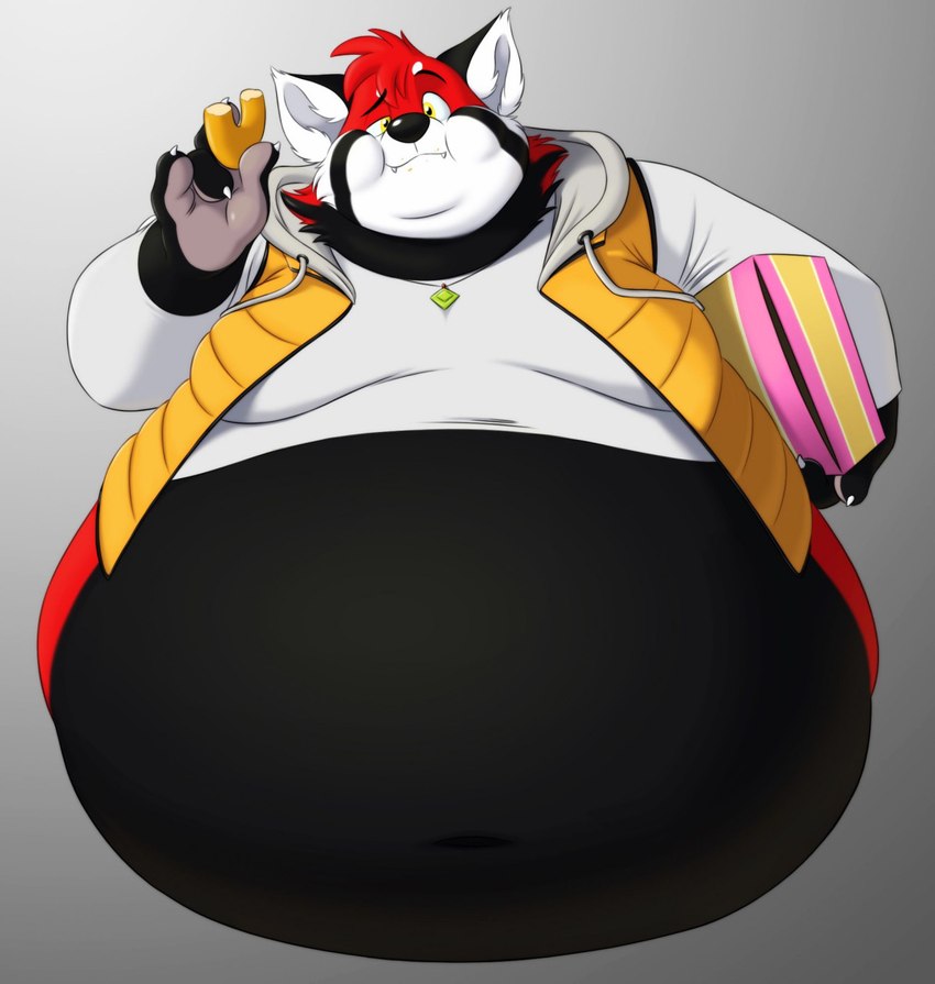 anthro belly big_belly black_body black_fur box chubby_cheeks claws clothed clothing container dessert double_chin doughnut eating food fur holding_box holding_container holding_food holding_object hoodie jewelry male moobs navel obese obese_anthro obese_male overweight overweight_anthro overweight_male pastry pendant red_body red_fur solo topwear white_body white_fur pokelai ailurid mammal red_panda hi_res