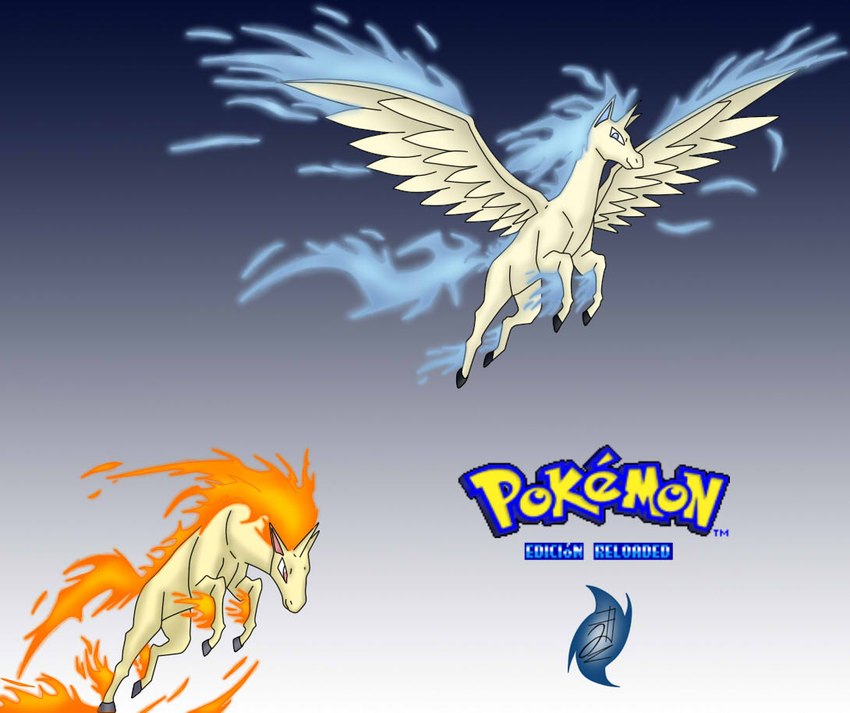 ambiguous_gender blue_eyes blue_fire colored_fire duo evolutionary_family fire flaming_hair horn pink_eyes pseudo_hair wings yellow_body jhony_ryu fakemon nintendo pokemon pokemon_reloaded generation_1_pokemon orphegasus pokemon_(species) rapidash