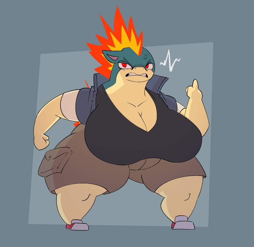 angry anthro big_breasts breasts cleavage clothed clothing female gesture hand_gesture huge_breasts huge_hips huge_thighs hyper hyper_breasts middle_finger overweight overweight_female red_eyes short_stack solo thick_thighs wide_hips plaga 2024_pokemon_gigaleak nintendo pokemon generation_2_pokemon pokemon_(species) quilava 2024 digital_media_(artwork) hi_res spanish_description