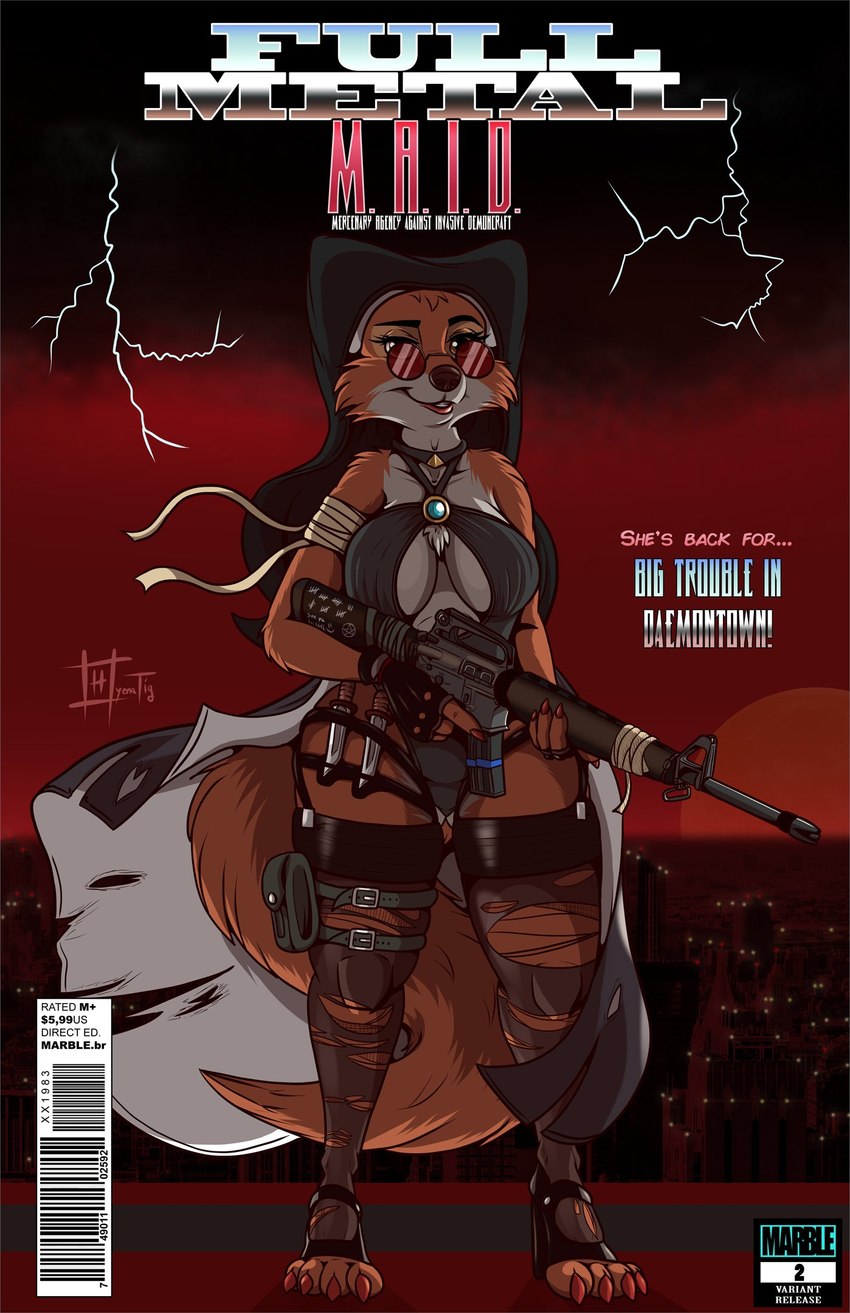 4_fingers 4_toes amazon anthro ar_platform arm_wraps assault_rifle bare_shoulders black_nose breasts chest_tuft city city_background claws cleavage clothed clothing colored_nails dark_clothing digitigrade digitigrade_heels eyewear feet female fingers footwear fur garter_straps gun halterneck headdress high_heels hindpaw holding_gun holding_object holding_ranged_weapon holding_rifle holding_weapon humanoid_hands knife leg_pouch legwear light_clothing lightning_bolt looking_at_viewer m16 m16a1 multicolored_body multicolored_fur nails occult_symbol paws pentagram pumps ranged_weapon red_body red_fur rifle shoes soleless_footwear soleless_heels solo standing stockings sunglasses symbol tactical_gear tactical_gloves tally_marks text thigh_highs toe_claws toeless_footwear toeless_heels toes torn_clothing torn_legwear torn_stockings tuft two_tone_body two_tone_fur unusual_heels weapon western_tally_marks white_body white_fur wraps hyenatig_(artist) disney marvel robin_hood_(disney) maid_marian canid canine fox mammal red_fox true_fox pouch_(disambiguation) 2021 cover cover_art cover_page english_text hi_res signature