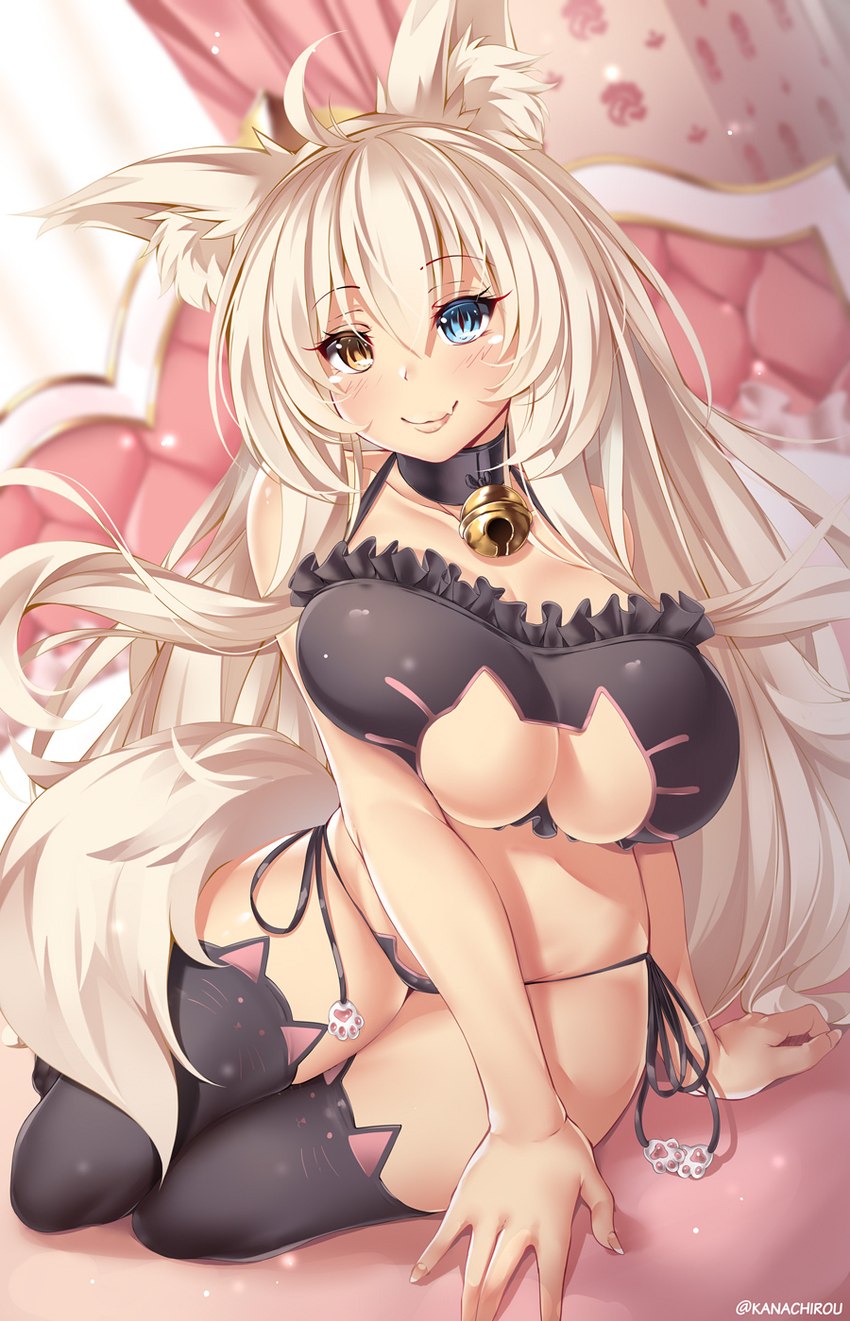 bed bell bell_collar big_breasts black_bra black_clothing black_panties black_underwear blonde_hair blue_eyes blush bra breasts cat_ear_panties cat_keyhole_bra cat_lingerie cleavage cleavage_cutout clothed clothing collar cutout female frilly frilly_bra frilly_clothing frilly_underwear furniture hair heterochromia inner_ear_fluff inside keyhole_bra keyhole_clothing keyhole_underwear legwear lingerie long_hair looking_at_viewer on_bed panties pose side-tie_panties sitting smile solo thigh_highs training_bra tuft underwear underwear_only yokozuwari kanachirou nekopara coconut_(sayori) animal_humanoid cat_humanoid felid felid_humanoid feline feline_humanoid humanoid mammal mammal_humanoid 2018 digital_media_(artwork) hi_res