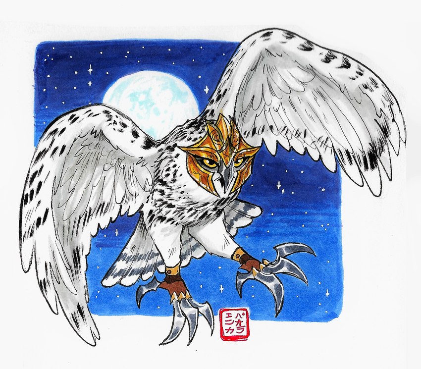 ambiguous_gender armor battle_claws feathers feral flying headgear helmet moon night solo white_body white_feathers yellow_eyes kabuki-aku guardians_of_ga'hoole avian bird horned_owl owl snowy_owl true_owl absurd_res hi_res traditional_media_(artwork) female_(lore)