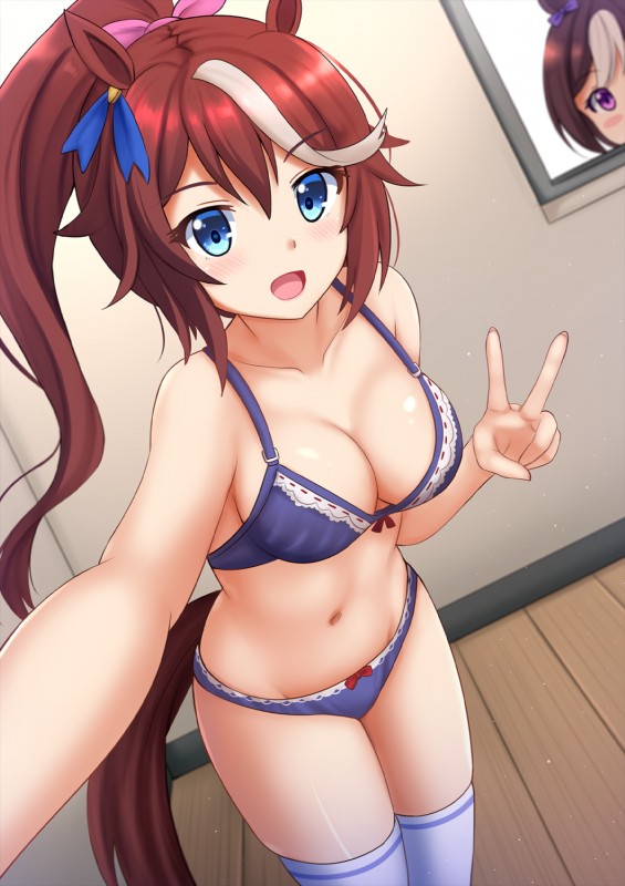 blue_eyes blush bra breasts cleavage clothed clothing duo female gesture hair hand_gesture inside legwear looking_at_another navel panties peeping ponytail purple_eyes red_hair selfie solo_focus thigh_highs underwear v_sign voyeur window kazenokaze cygames uma_musume_pretty_derby special_week_(pretty_derby) tokai_teio_(pretty_derby) animal_humanoid equid equid_humanoid equine equine_humanoid humanoid mammal mammal_humanoid 2018 hi_res