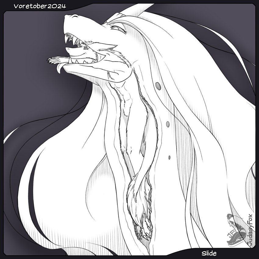 abs duo navel oral_vore pecs slide vore judasyfox mythology voretober dragon mythological_creature mythological_scalie scalie sergal 1:1 absurd_res hi_res