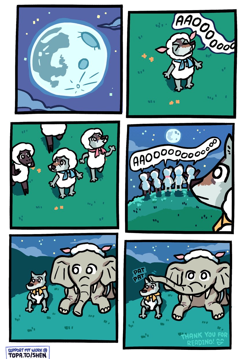 ambiguous_gender anthro blue_scarf feral fur grey_body grey_fur group hooves howl moon mouth_closed night open_mouth pink_scarf scarf sheep_costume sitting sitting_on_ground speech_bubble standing text white_body white_fur white_wool wool_(fur) yellow_scarf shen_comix shenanigansen_(artist) bovid canid canine canis caprine elephant elephantid mammal proboscidean sheep wolf 2025 absurd_res comic english_text hi_res