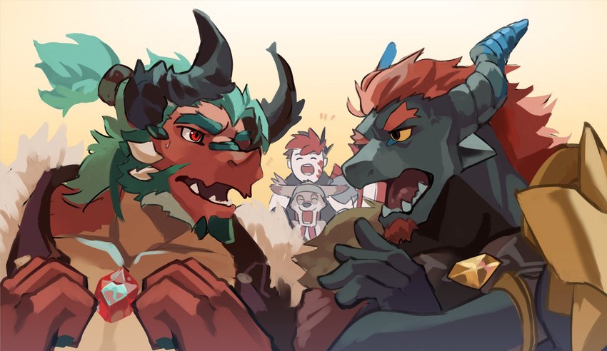 anthro beard blue_hair brown_body brown_scales cape chest_gem clothing facial_hair gem goatee group hair horn male orange_hair red_body red_eyes red_scales scales sideburns unsigned white_hair yellow_sclera kukku_kuu anothereidos_of_dragon_vein_r mythology amorey atmos_(anothereidos_r) barboros_(anothereidos_r) gaia_(anothereidos_r) canid canine canis dragon jackal japanese_kobold mammal mythological_creature mythological_scalie scalie hi_res