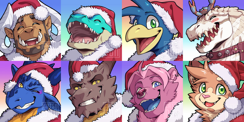 ambiguous_gender anthro beak beard biped blue_body blue_eyes blue_feathers blue_skin blush brown_body brown_fur brown_skin christmas_clothing christmas_headwear clothed clothing costume eyebrows eyes_closed facial_hair fangs feathers fur gradient_background green_eyes group hair happy hat headgear headwear holidays horn looking_at_viewer male one_eye_closed open_mouth pink_body pink_fur pink_hair red_clothing red_hat red_headwear red_tongue red_topwear santa_costume santa_hat short_hair simple_background smile spikes tan_body tan_fur teeth text tongue topwear yellow_beak yellow_eyes yellow_sclera catsudon christmas mythology amazingawesomesauce bjorn_drakkinder catsudon_(character) insanedog libragon skyhawk strikeryaboi tsii arthropod avian bird crab crocodile crocodilian crustacean decapoda domestic_cat dragon felid feline felis humanoid lion malacostracan mammal marine mythological_creature mythological_scalie orc pantherine reptile scalie 2019 2:1 headshot_portrait multiple_images portrait watermark