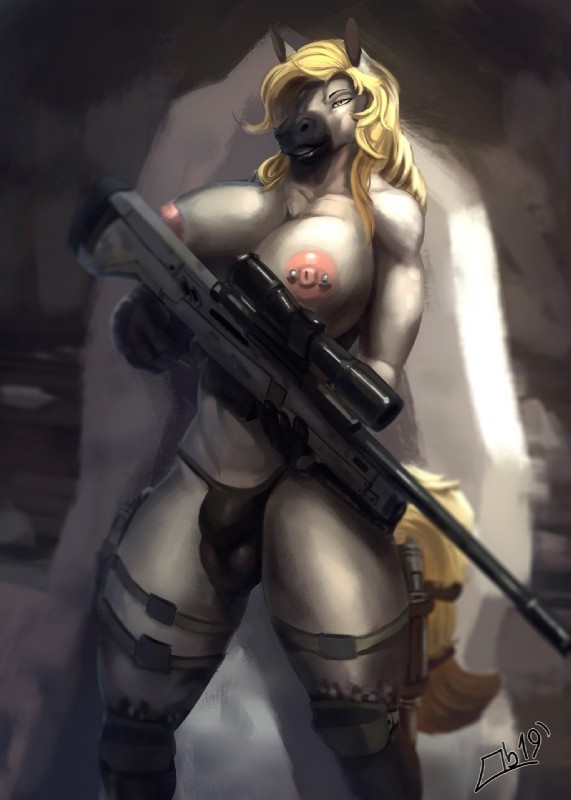 anthro balls_in_underwear big_breasts breasts bulge clothed clothed_anthro clothed_gynomorph clothed_intersex clothing gun gynomorph intersex nipple_piercing nipples piercing ranged_weapon rifle sniper_rifle solo standing thick_thighs topless underwear weapon obaum kilix equid equine horse mammal 2019 hi_res