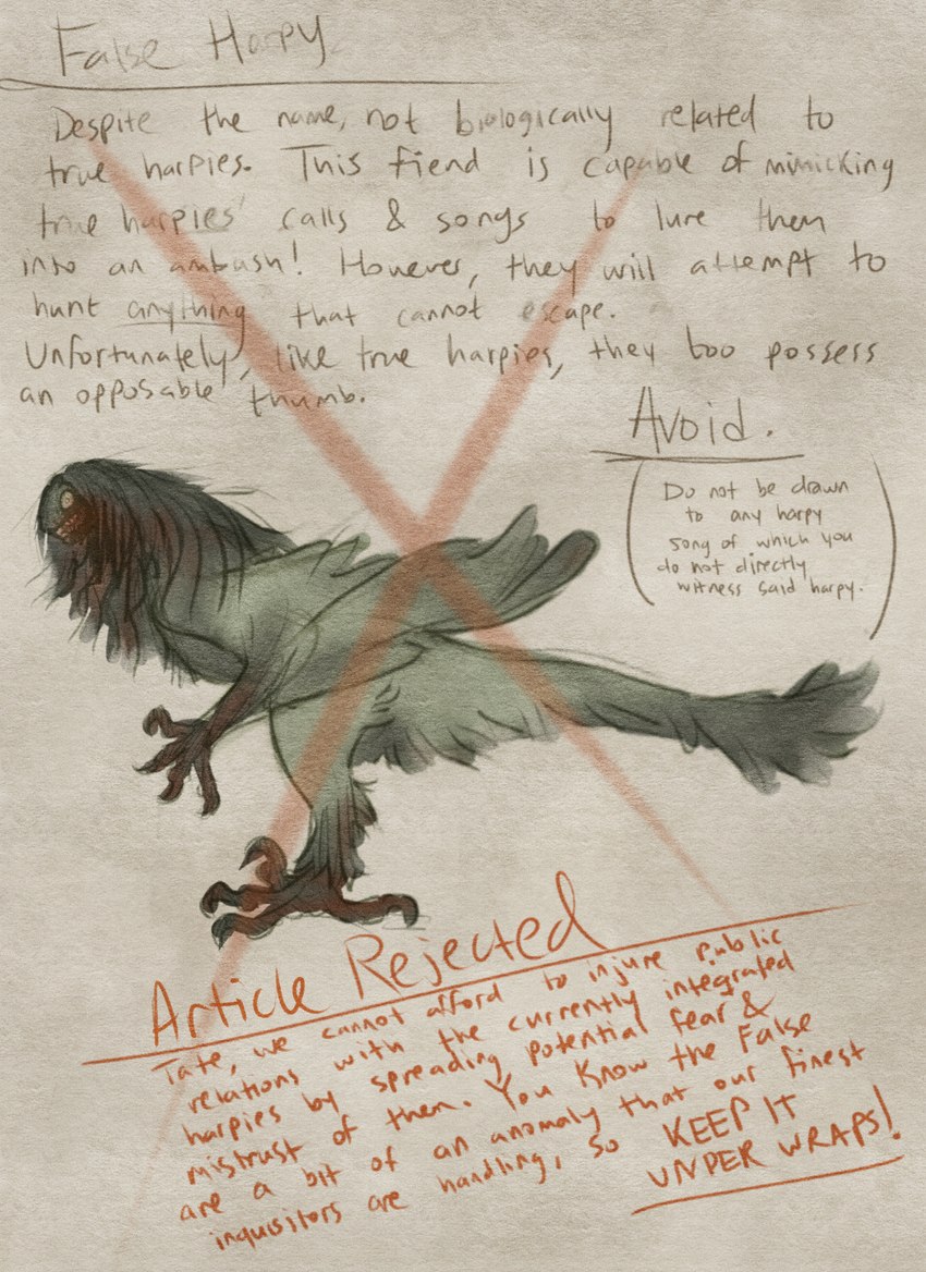 ambiguous_gender avian_feet black_hair blood bodily_fluids claws creepy feathers feet hair long_hair scary sickle_claw smile solo tail talons teeth text toe_claws toes tateoftot european_mythology greek_mythology mythology avian harpy mythological_avian mythological_creature absurd_res hi_res huge_filesize sketch