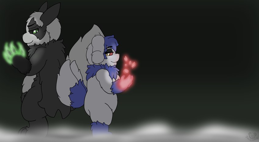 2_tails anthro black_body black_fur black_sclera blue_body blue_fur duo female fluffy fluffy_tail fog fur glowing glowing_hands green_eyes male male/female multi_tail red_sclera simple_background slightly_chubby smile superpowers tail white_body white_fur yellow_eyes darknetic fakemon nintendo pokemon amy_the_mystgoose ray_the_pangoose generation_3_pokemon generation_6_pokemon hybrid hybrid_pokemon meowstic pangoro pokemon_(species) zangoose absurd_res hi_res brother_(lore) brother_and_sister_(lore) sibling_(lore) sister_(lore)