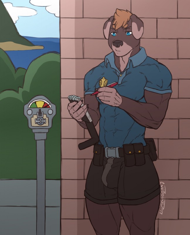 abs anthro biceps blue_eyes bottomwear brown_body brown_skin bulge clothed clothing countershading fur hair left-handed male meter_maid muscular muscular_anthro muscular_male paper pecs pen police police_officer sea shirt shorts solo standing tight_clothing topwear vein water writing_text castbound malcom canid canine canis domestic_dog mammal 2017 hi_res