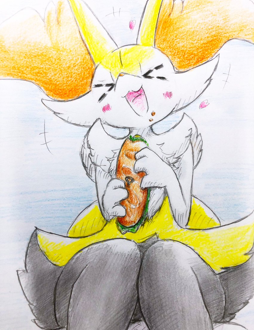 ambiguous_gender anthro blush blush_lines crumbs crumbs_on_face eating eyes_closed food fur grey_body grey_fur heart_symbol inner_ear_fluff open_mouth orange_body orange_fur sandwich_(food) simple_background solo tail tongue tuft white_body white_fur yellow_body yellow_fur eiroru nintendo pokemon braixen canid canine generation_6_pokemon mammal pokemon_(species) 2023 graphite_(artwork) hi_res traditional_media_(artwork)