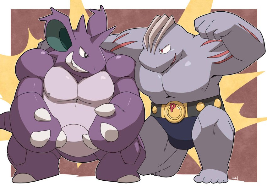 5_toes anthro belt black_bottomwear black_clothing bottomwear claws clothed clothing duo eye_contact feet fingers flexing grey_body grin horn looking_at_another male markings outline purple_body purple_scales red_eyes scales smile teeth toes topless white_outline tekimi nintendo pokemon generation_1_pokemon machoke nidoking pokemon_(species)