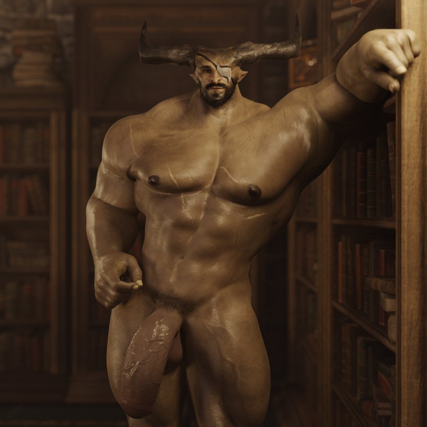 2_horns 5_fingers abs beard big_penis book bookshelf detailed_background eye_patch eyewear facial_hair fingers front_view furniture genitals horn humanoid_genitalia humanoid_penis inside male muscular muscular_humanoid muscular_male nipples nude pecs penis pubes scar solo thick_penis vein veiny_muscles veiny_penis veiny_thighs voluox bioware dragon_age electronic_arts iron_bull humanoid qunari 1:1 3d_(artwork) absurd_res digital_media_(artwork) hi_res