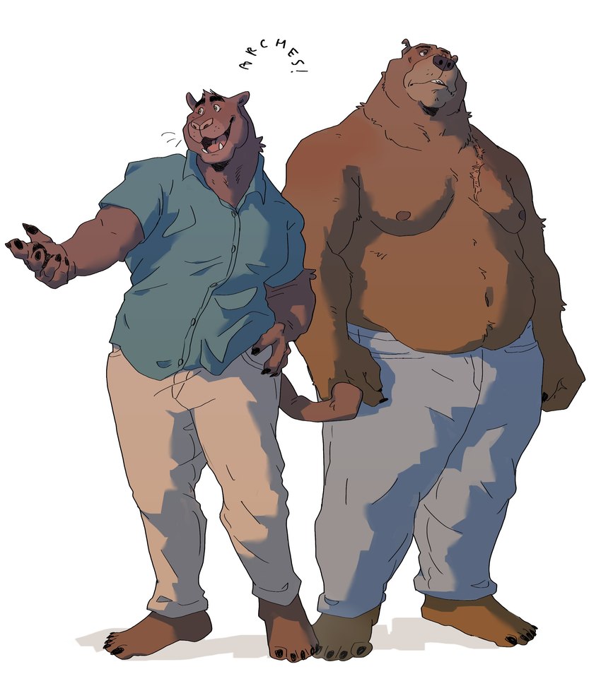 anthro belly big_belly bottomwear brown_body clothed clothing duo feet fur looking_up male moobs open_mouth overweight overweight_anthro overweight_male pants partially_clothed paws scar shirt simple_background smile text topwear chuchowriggle arches_(game) echo_(game) echo_(series) echo_project arturo_herrera brian_dubois bear felid feline jaguarundi mammal 2022 absurd_res digital_media_(artwork) english_text hi_res