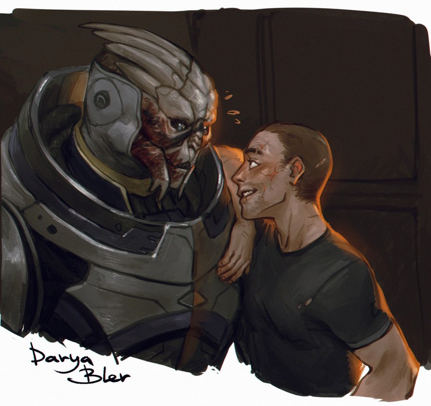 arm_on_shoulder armor black_sclera blue_eyes bodypaint clothing duo eye_contact face_paint facial_scar grin looking_at_another male male/male scar shirt size_difference smaller_human smile t-shirt topwear daryabler bioware electronic_arts mass_effect commander_shepard garrus_vakarian alien human mammal turian hi_res