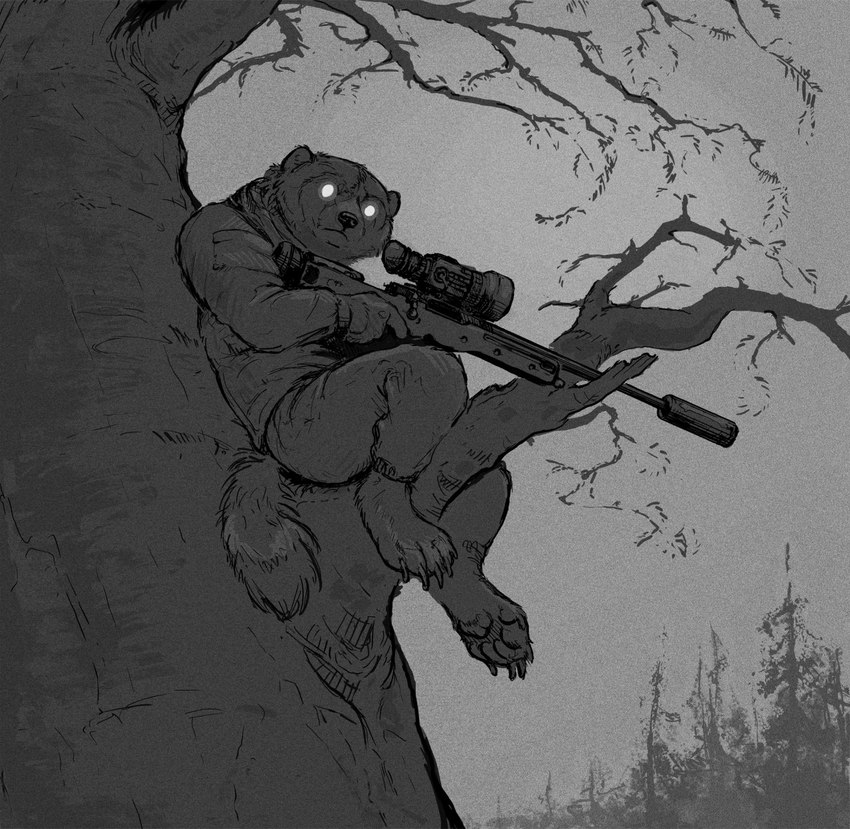 4_toes anthro barefoot bottomwear branch claws clothing evergreen_tree feet fluffy fluffy_tail fur gloves gun handwear holding_object holding_weapon jacket looking_at_viewer male pants paws pine_tree plant ranged_weapon rifle round_ears scope sitting sitting_on_tree sky sniper sniper_rifle snout solo surpressor tail toe_claws toes topwear tree weapon hotchkisstank gulonine mammal mustelid musteline wolverine 2022 black_and_white hi_res monochrome