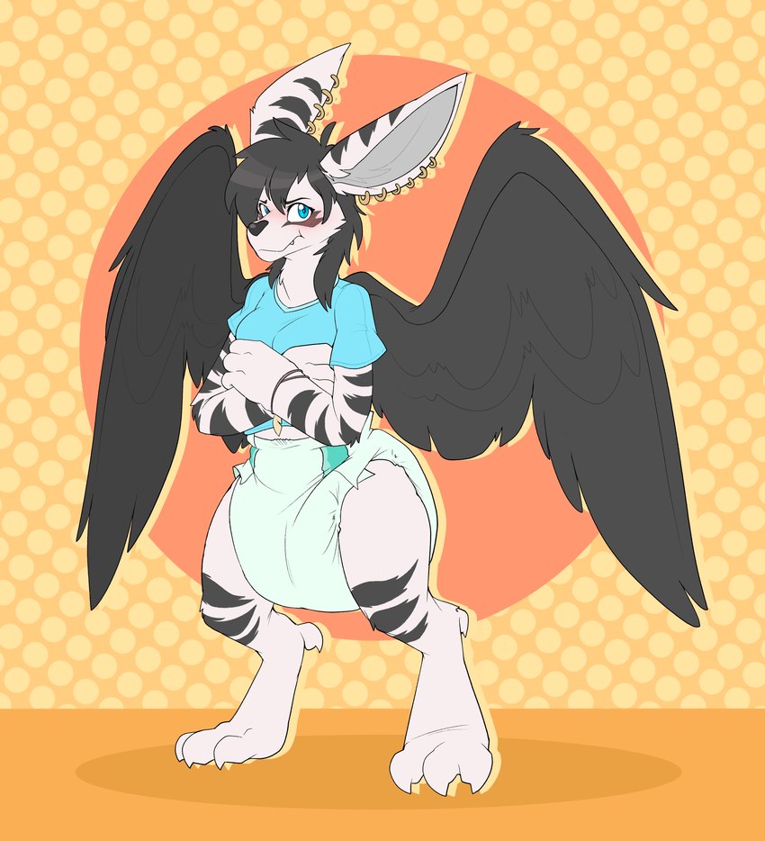 anthro blush claws clean_diaper clothed clothing crossed_arms diaper digitigrade ear_piercing ear_ring embarrassed feathered_wings feathers feet female fur long_ears piercing pouting ring_piercing solo standing striped_body striped_fur stripes wearing_diaper wings bubblepuppers slightly_damned sakido_elexion demon absurd_res hi_res