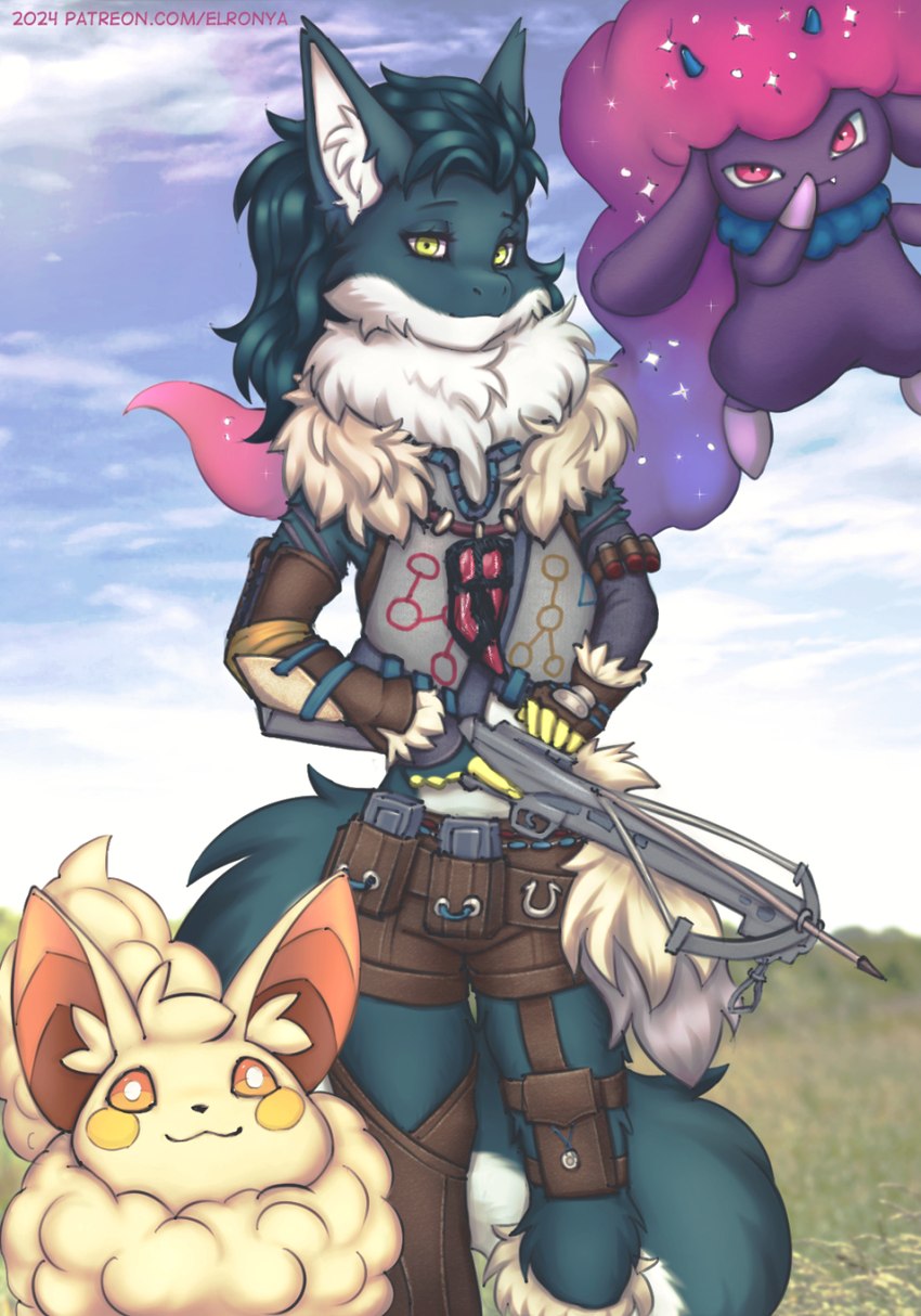 anthro armor crossbow female feral group holding_crossbow lambda machine outside photo_background ranged_weapon smile weapon elronya palworld pocketpair lambda_(sylonstorm) cremis daedream pal_(species) hi_res photography_(artwork)