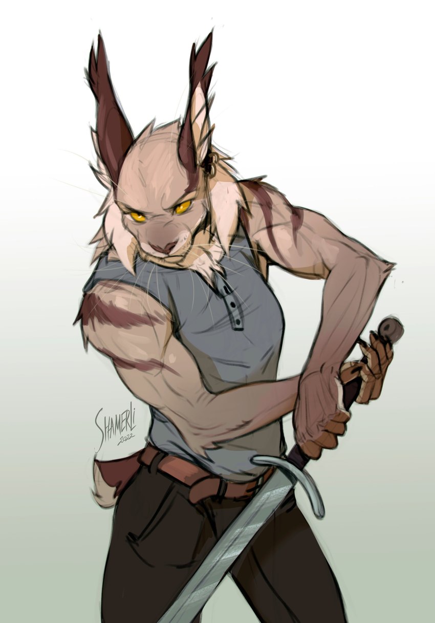 anthro athletic athletic_anthro athletic_female belt bottomwear clothed clothing ear_piercing ear_ring female fully_clothed fur holding_melee_weapon holding_object holding_sword holding_weapon inner_ear_fluff melee_weapon pants piercing ring_piercing simple_background sleeveless_shirt solo sword tan_body tan_fur tuft weapon whiskers white_background yellow_eyes shamerli felid feline lynx mammal absurd_res hi_res