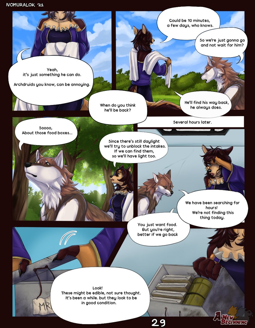 ambiguous_gender anthro breasts claws clothed clothing dialogue duo female feral fur hair simple_background speech_bubble text nomuralok rena_(rena0107) rex_(nomuralok) canid canine canis mammal wolf 2021 comic digital_media_(artwork) english_text hi_res