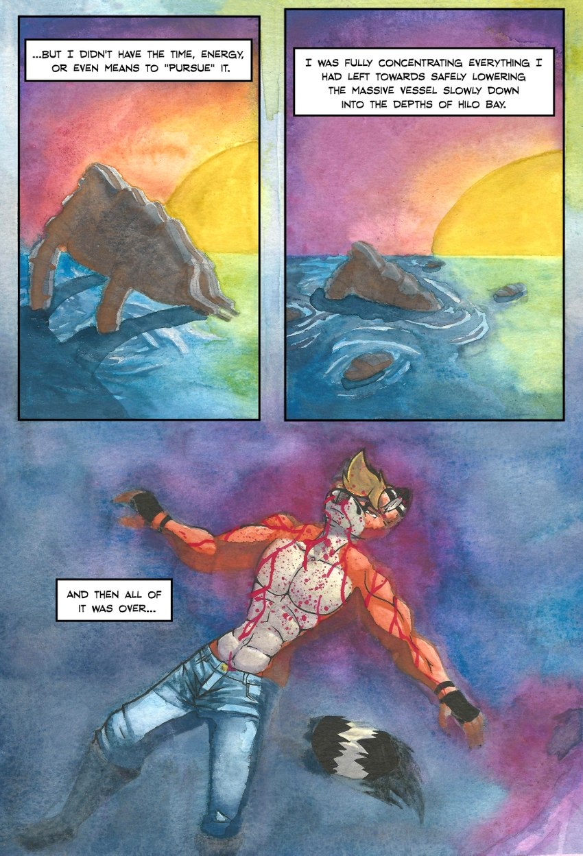 anthro blood blood_on_face blood_splatter bloodied bodily_fluids dialogue false_start floating male muscular muscular_anthro muscular_male nosebleed shirtless shirtless_male solo text boneitis alex_young vul comic english_text gouache_(artwork) hi_res painting_(artwork) traditional_media_(artwork)